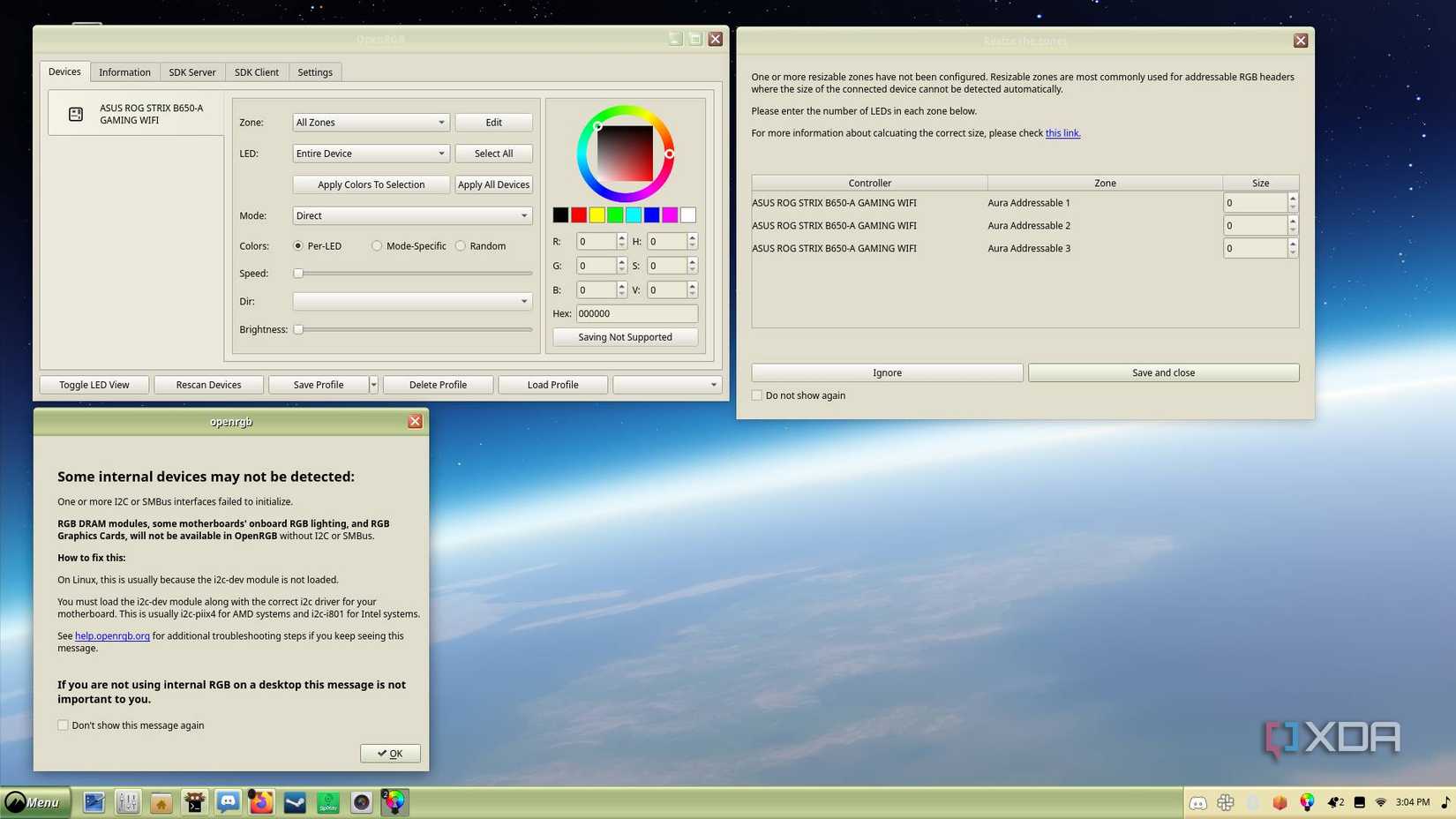 Captura de pantalla de la aplicación de control de iluminación OpenRGB abierta en una PC Fedora 41 Cinnamon Gaming PC