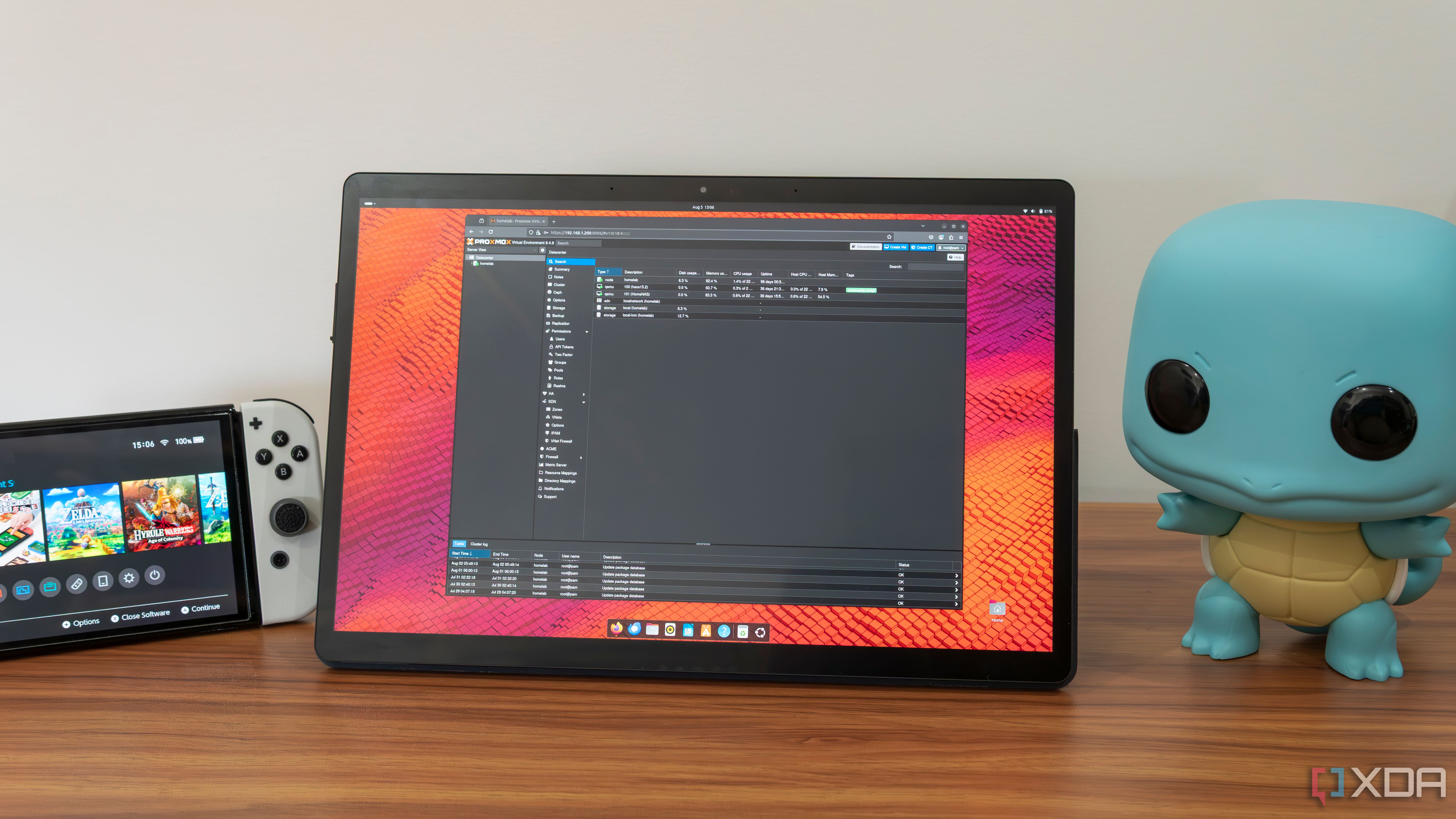 Una tableta que ejecuta Ubuntu que muestra la interfaz de usuario web Proxmox, que muestra información sobre los diferentes servidores que se ejecutan en Proxmox
