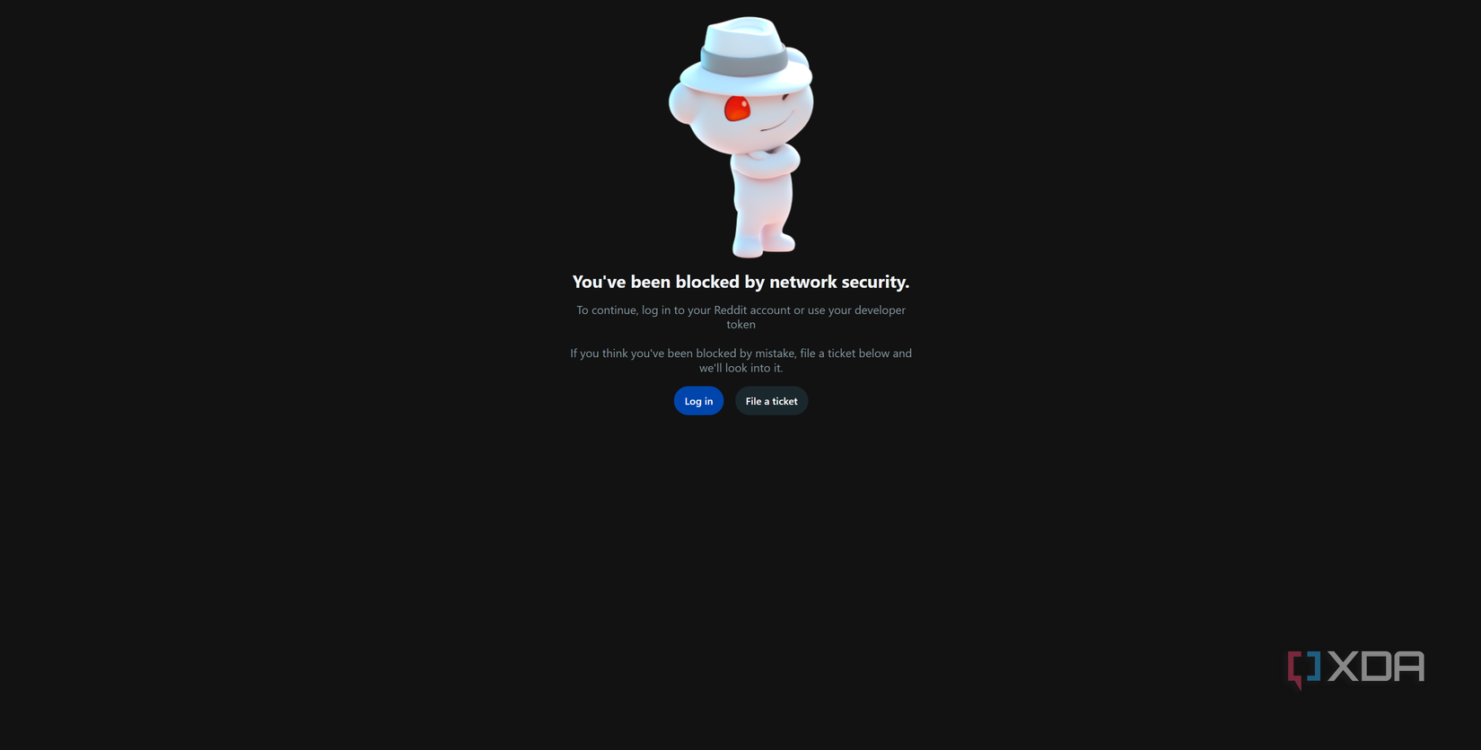 Reddit with a warning that says you've been blocked by network security, because of a VPN