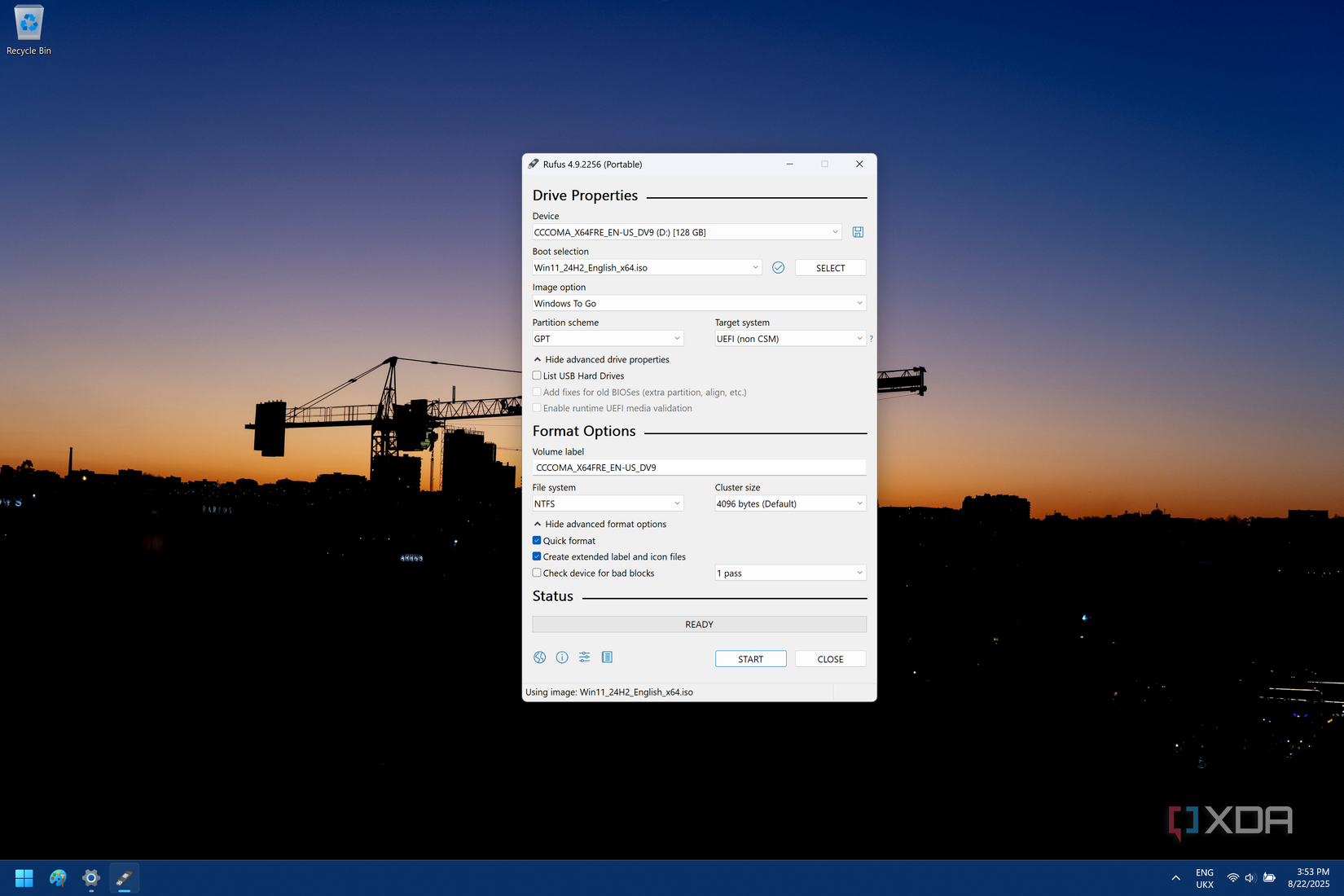Captura de pantalla de RUFUS que muestra la configuración necesaria para crear una instalación de Windows to Go en una unidad flash