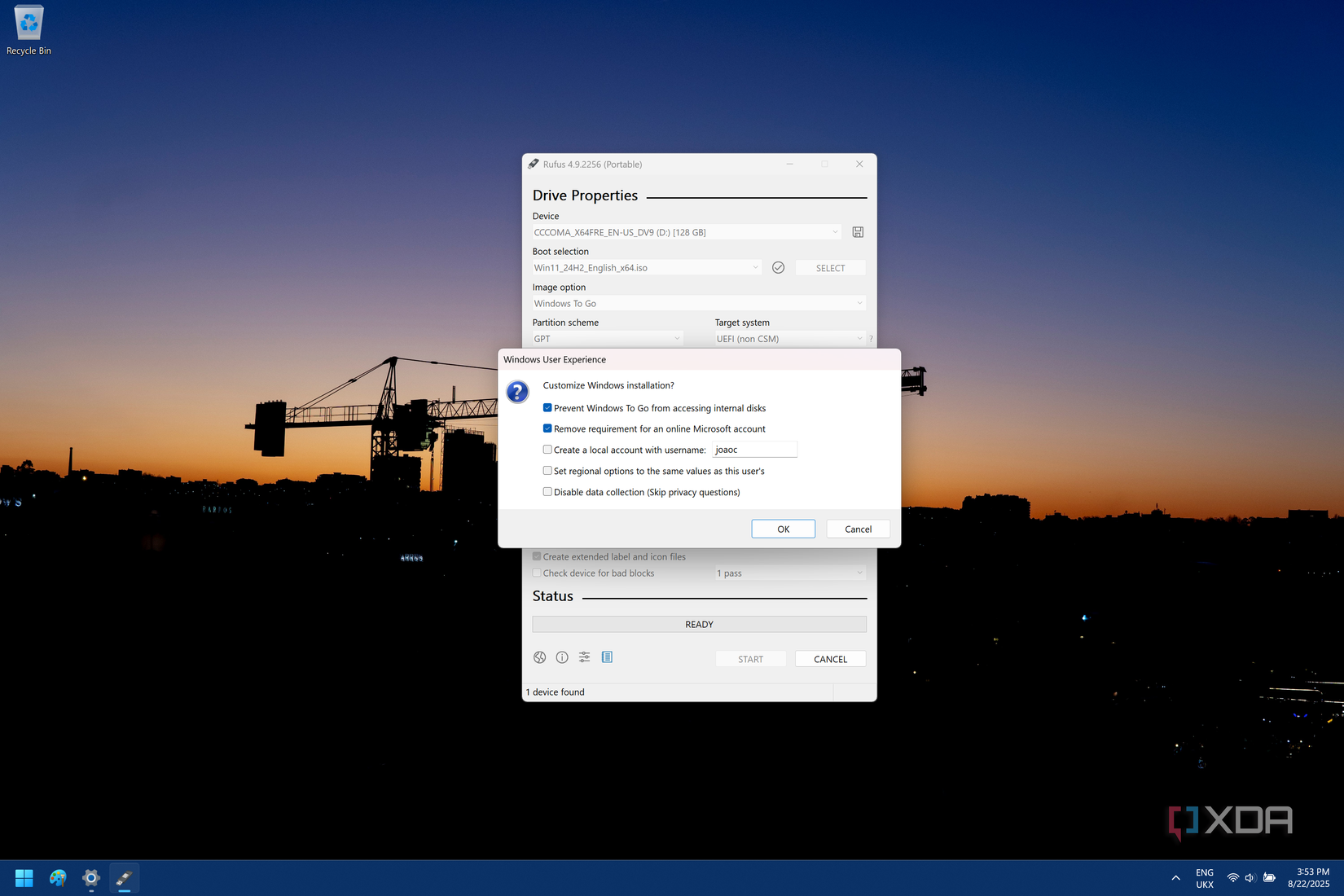 Captura de pantalla de Rufus que muestra una ventana emergente con opciones de configuración para una instalación de Windows para ir