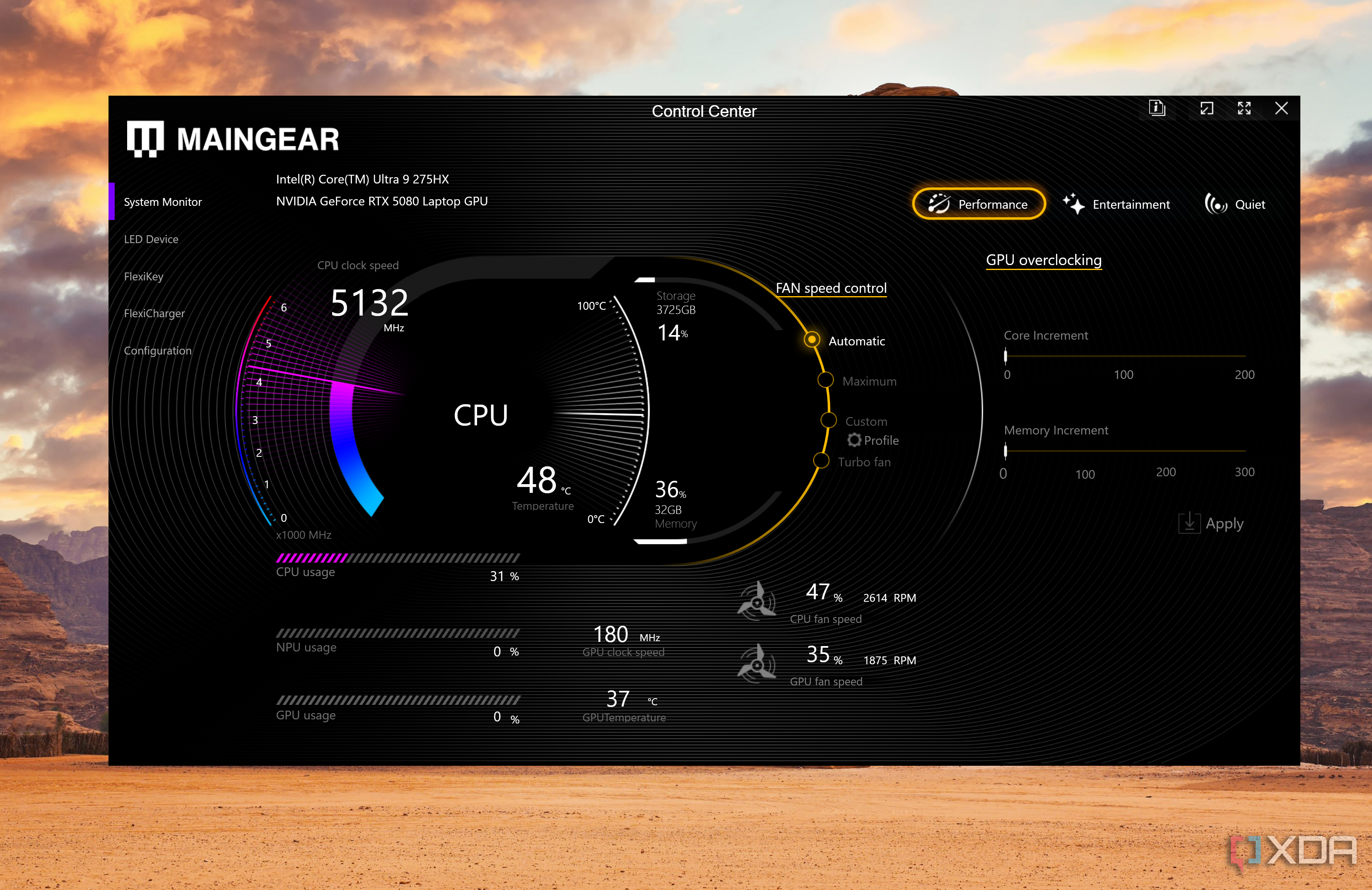 Maingear Control Center overclock settings on the Ultima 18 gaming laptop.