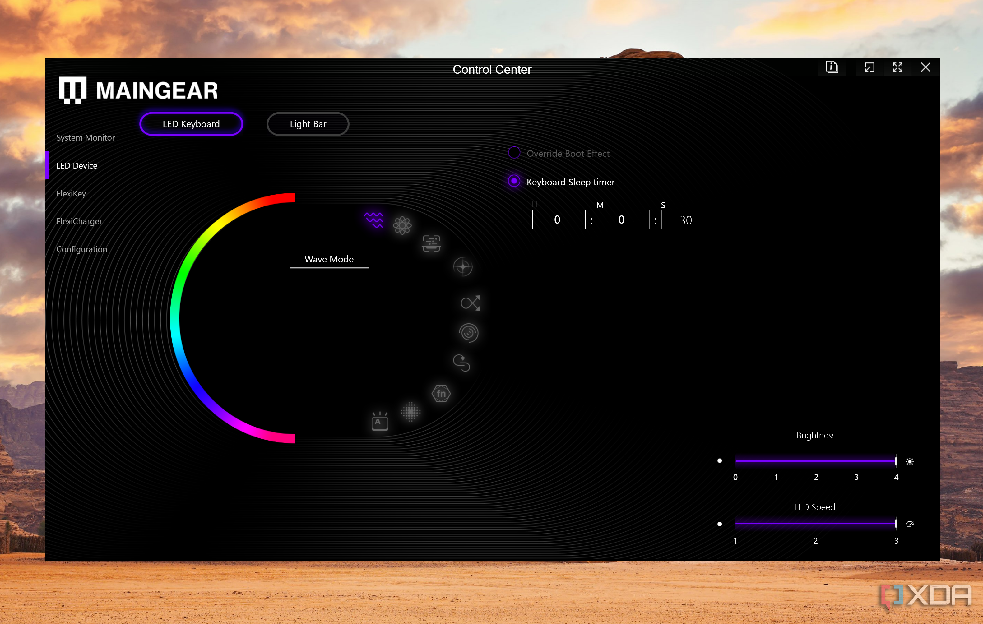 LED lighting controls in Maingear Control Center on the Ultima 18 gaming laptop.