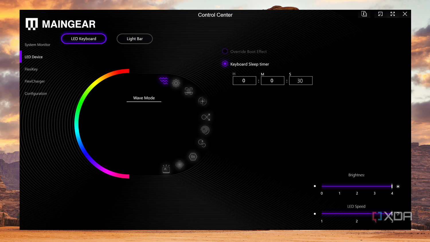 LED lighting controls in Maingear Control Center on the Ultima 18 gaming laptop.
