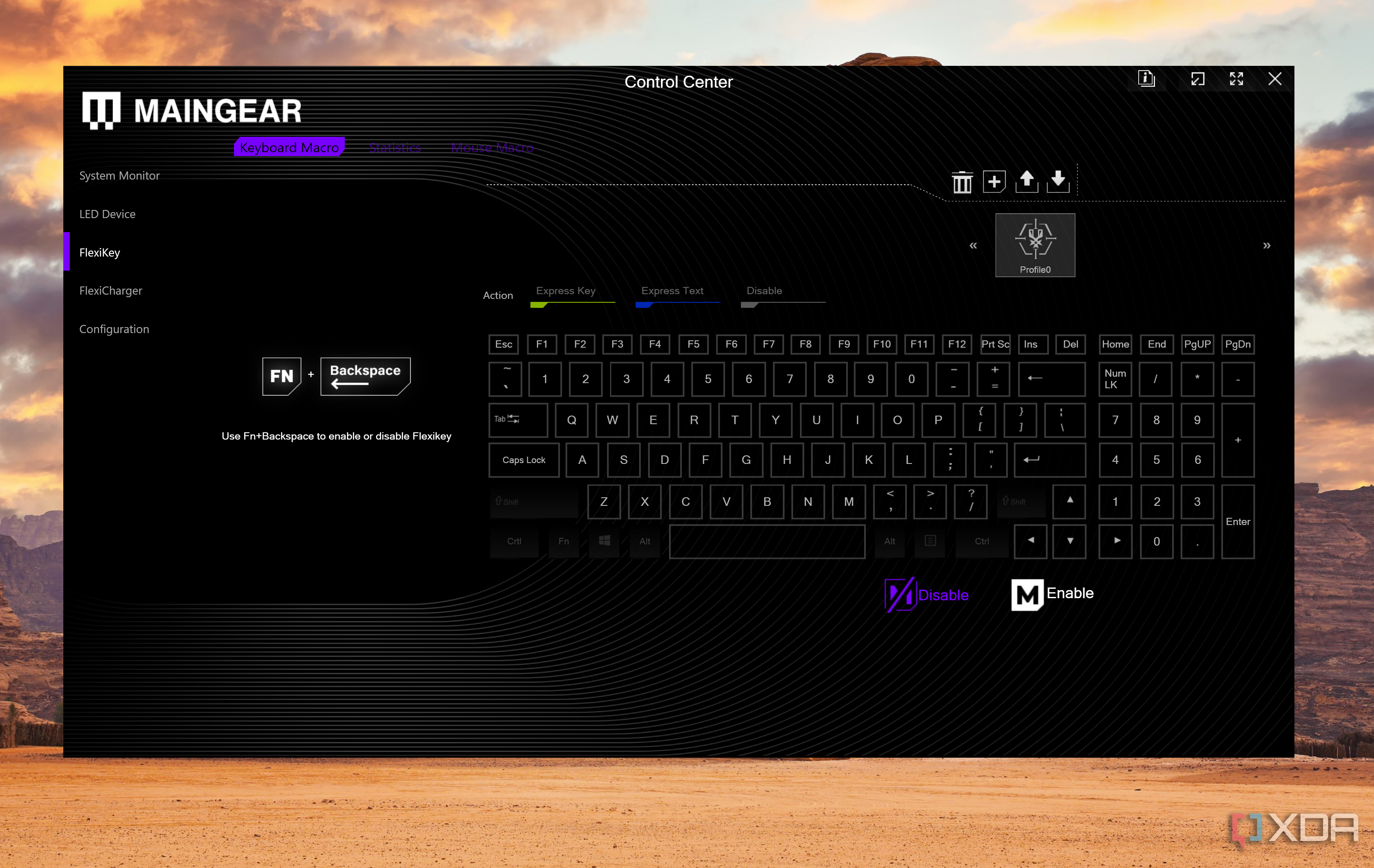 Keyboard macro settings in the Maingear Control Center app on the Ultima 18 gaming laptop.