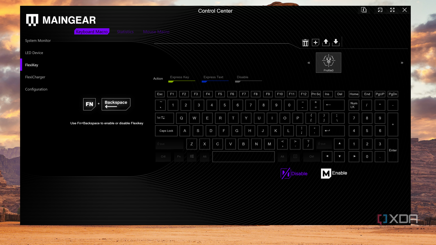 Keyboard macro settings in the Maingear Control Center app on the Ultima 18 gaming laptop.