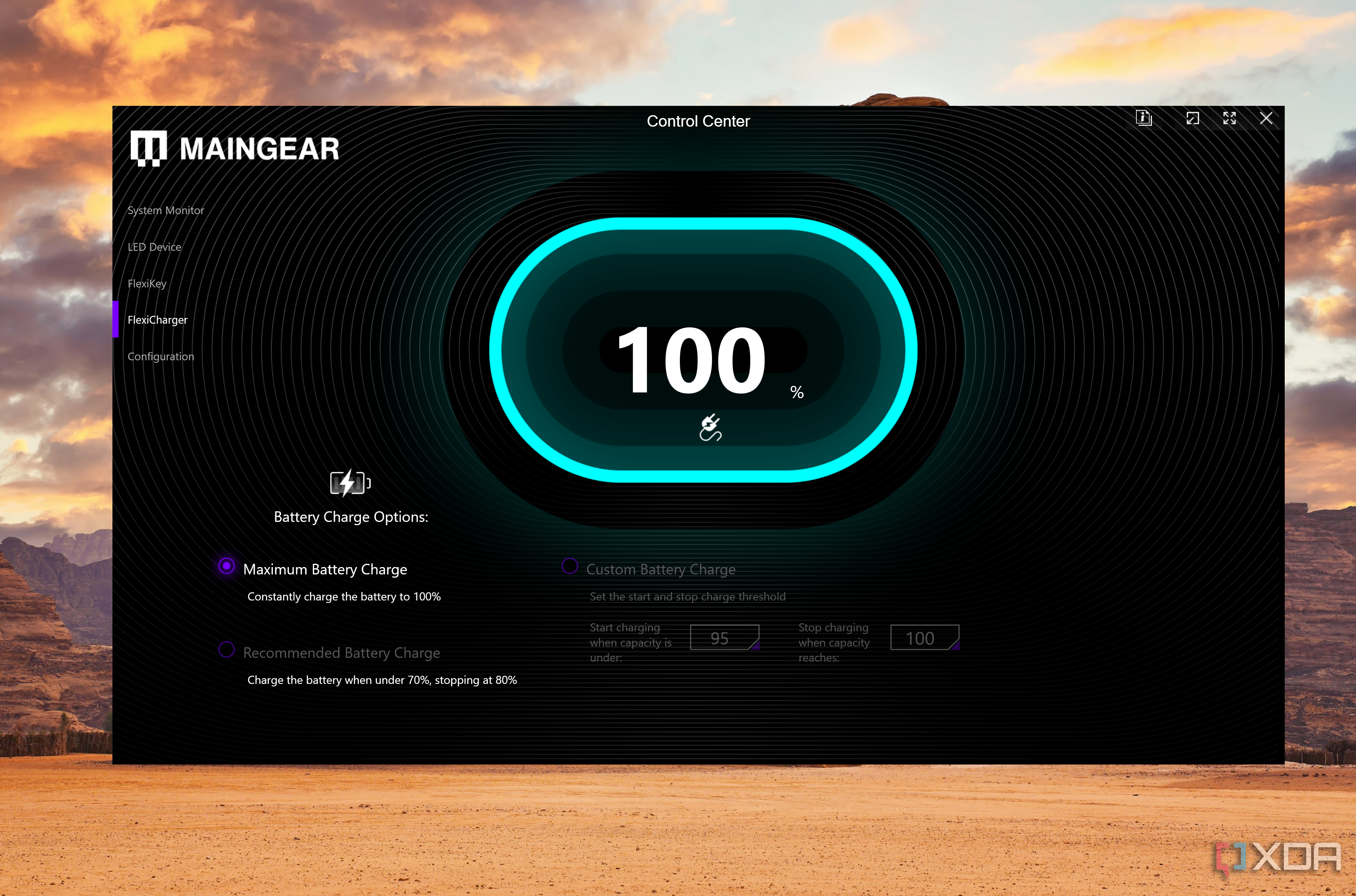 Battery charge settings in the Maingear Control Center on the Ultima 18 gaming laptop.