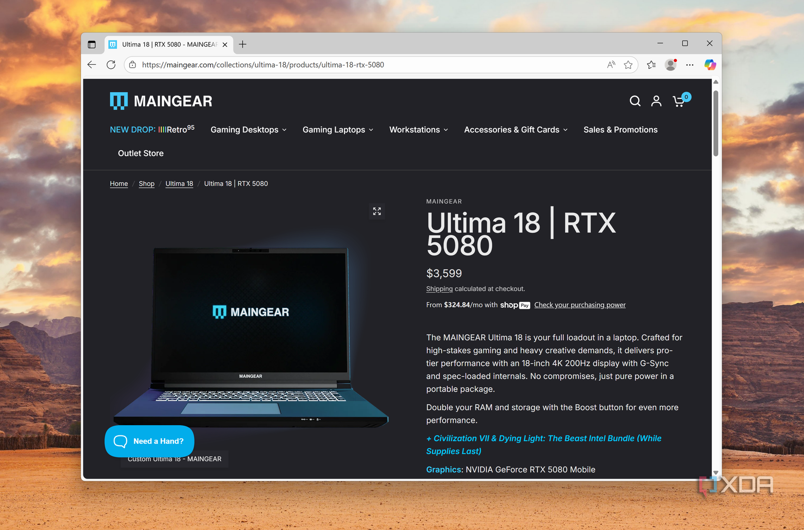 Purchase page for the Maingear Ultima 18 gaming laptop.