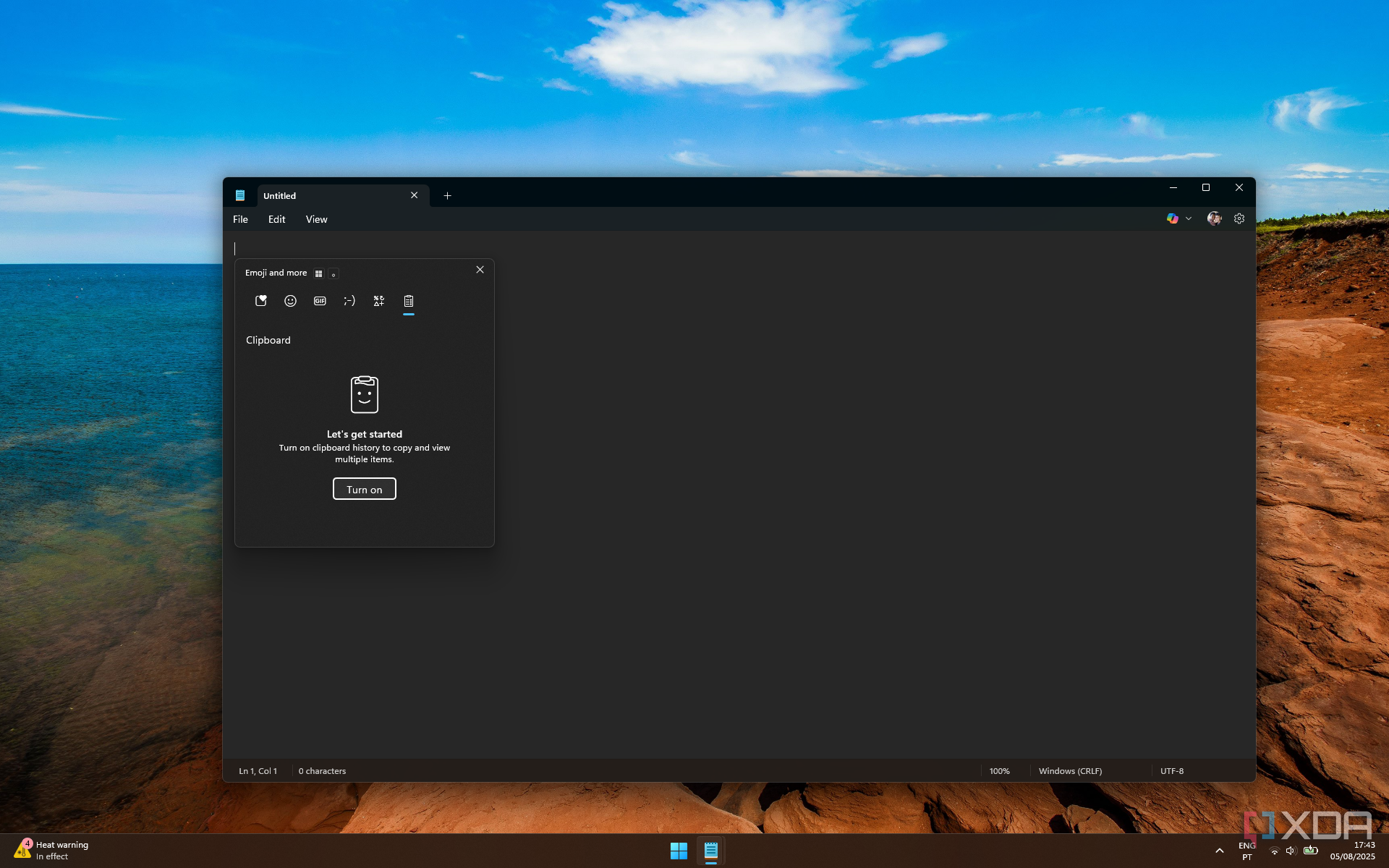 Screenshot of Notepad in WIndows 11 showing the clipboard history flyout with the feature still disabled