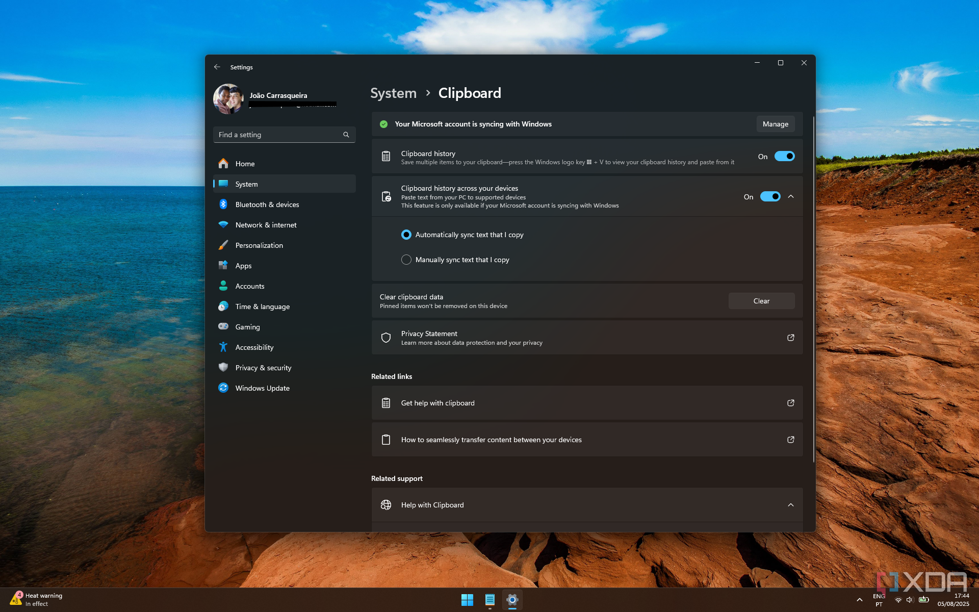 Screenshot of clipboard settings in Windows 11