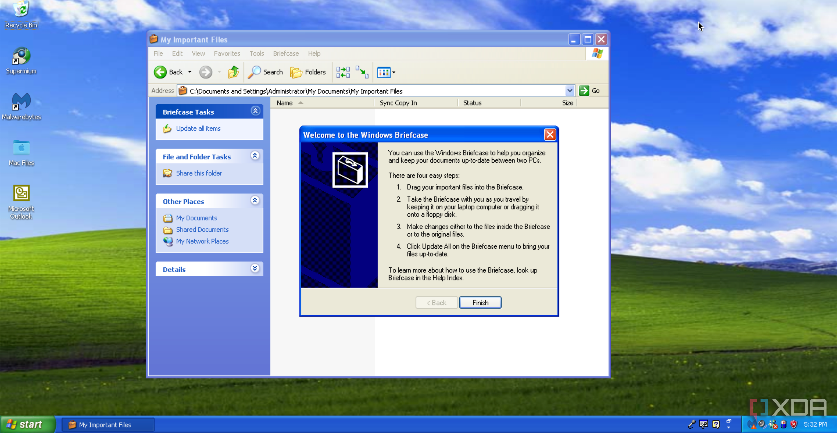 A Windows XP desktop, showing the Welcome to Briefcase setup menu in Windows Explorer, explaining how to use the software.