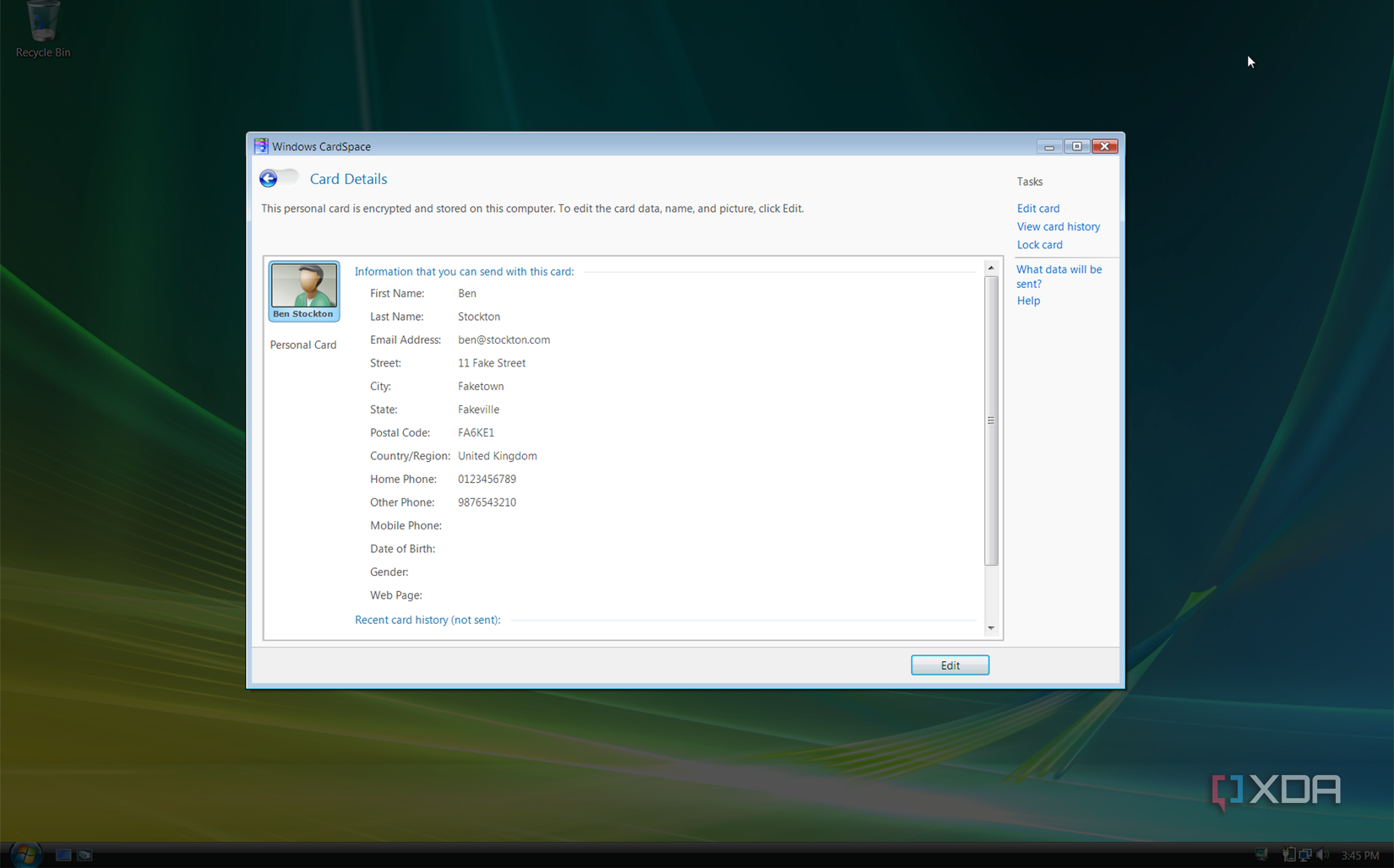 A Windows CardSpace window on Windows Vista, showing the card details for Ben Stockton.