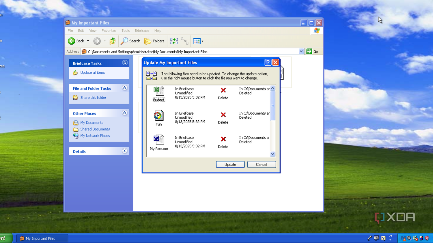 A Windows Explorer window on Windows XP, showing a Briefcase warning explaining that original files have since been deleted.