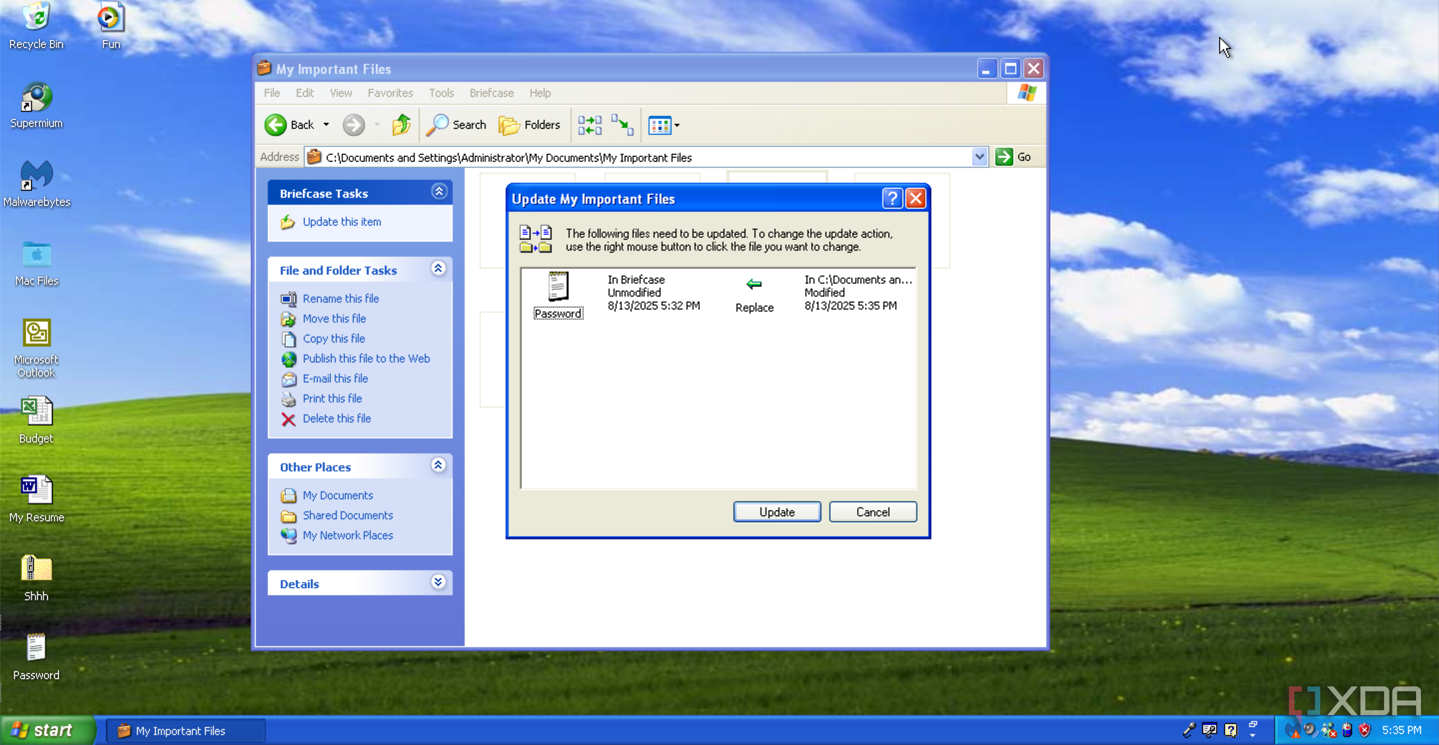 A Windows Explorer window on Windows XP, showing a Briefcase warning explaining that an original file is due to be replaced.