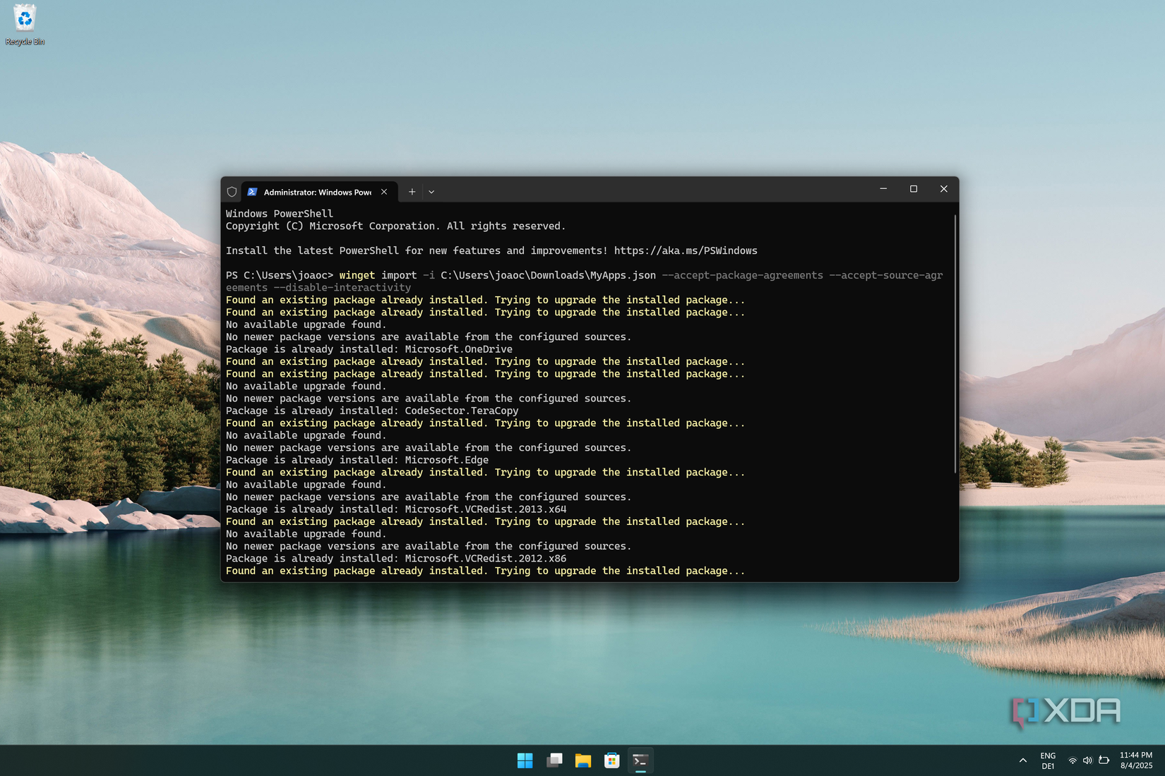 Captura de pantalla del terminal de Windows que ejecuta un comando de importación de Winget, con elementos iniciales que ya se encuentran en el sistema actual